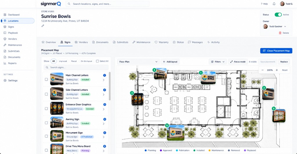 Signmarq Placement Map for Sunrise Bowls showing numbered signs placed on a floor plan with thumbnails and status legend
